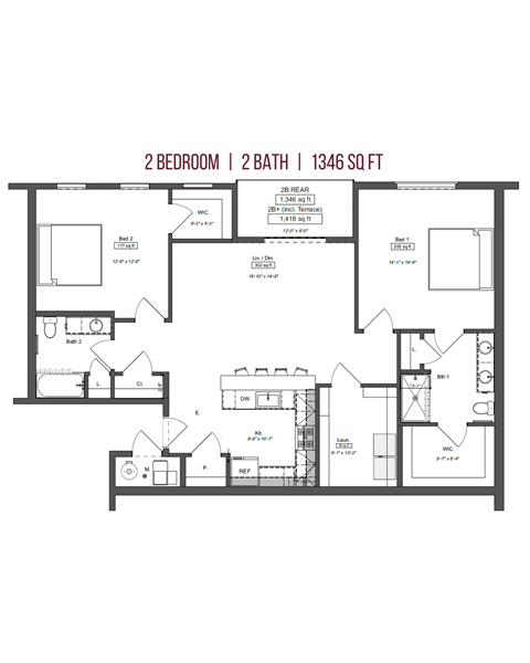 Floor plan for 2 beds, 2 baths, 1346 sqft
